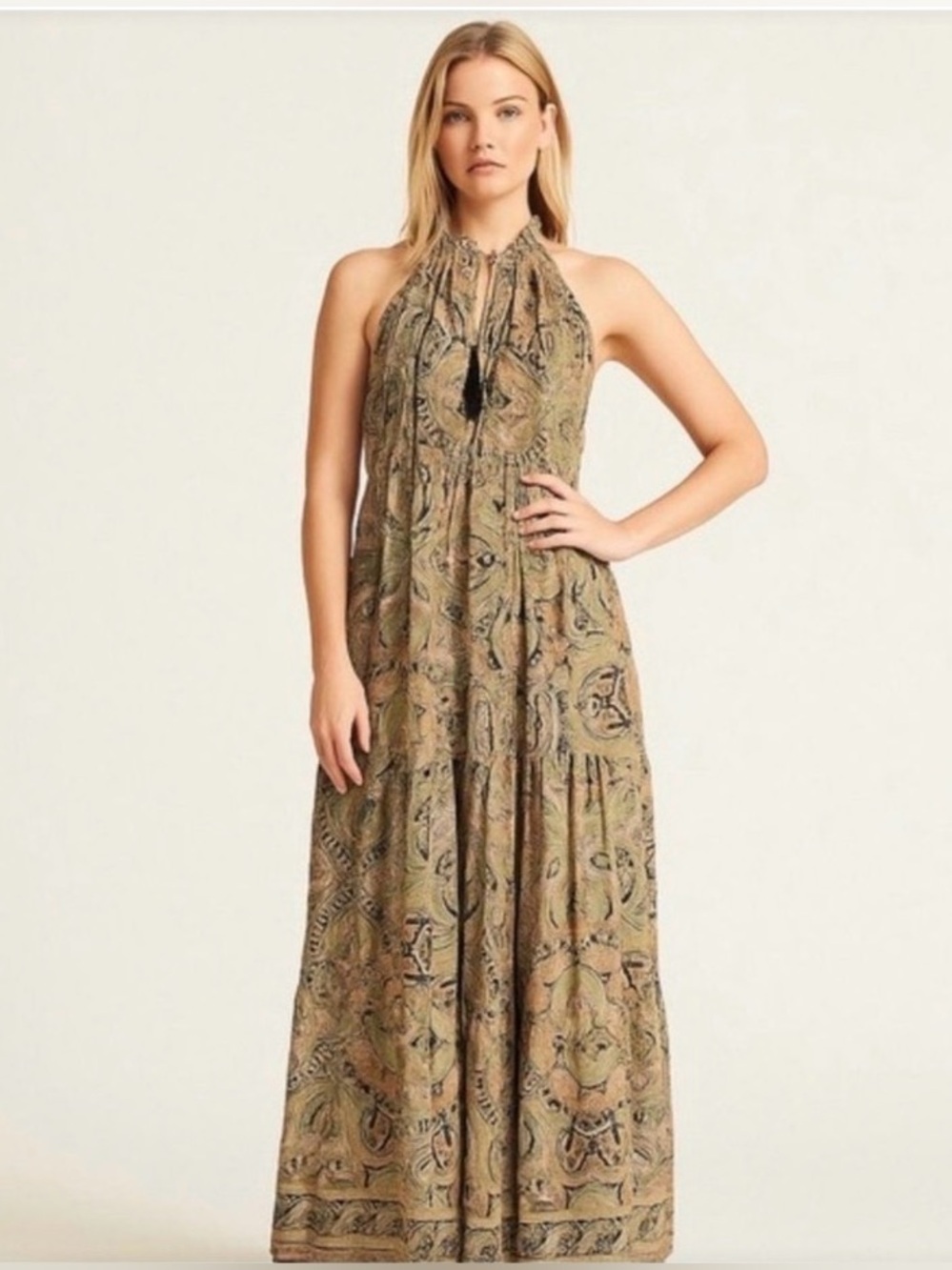 Anthropologie Boemo Paisley Pink Green Luxury Lux  Boho Maxi Dress Sz Medium M